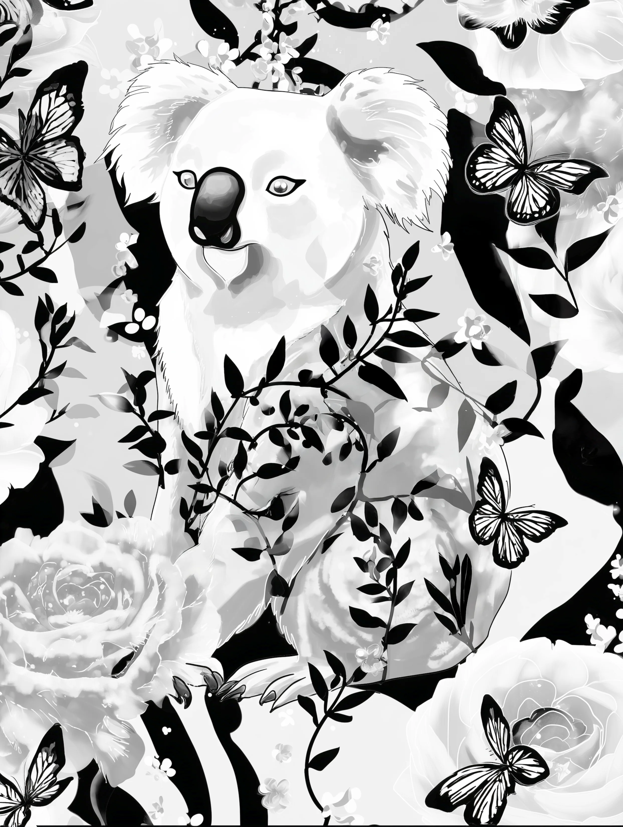 Free printable koala coloring page for adults featuring butterflies anf vines koala